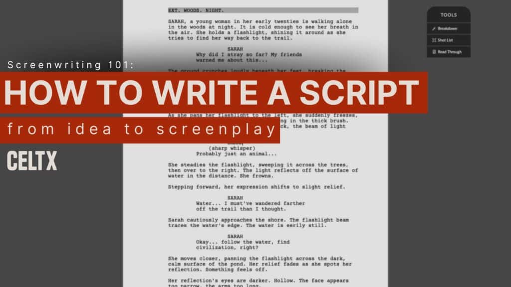 background is a photo of a script written with Celtx Screenwriting Software - overlaid bold text reads "Screenwriting 101: How to write a script, from idea to screenplay"