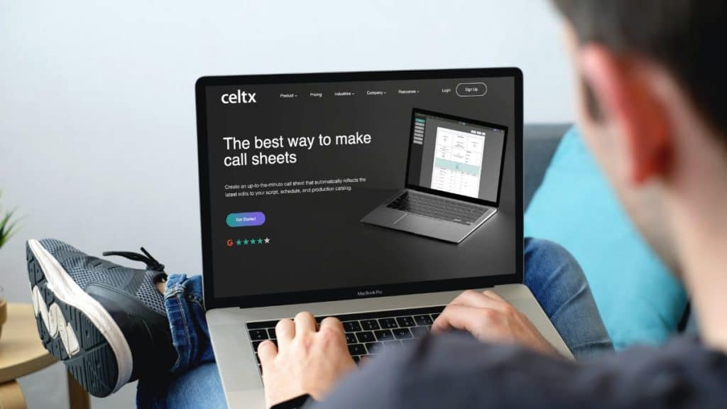 Laptop displaying a Celtx.com landing page about call sheets