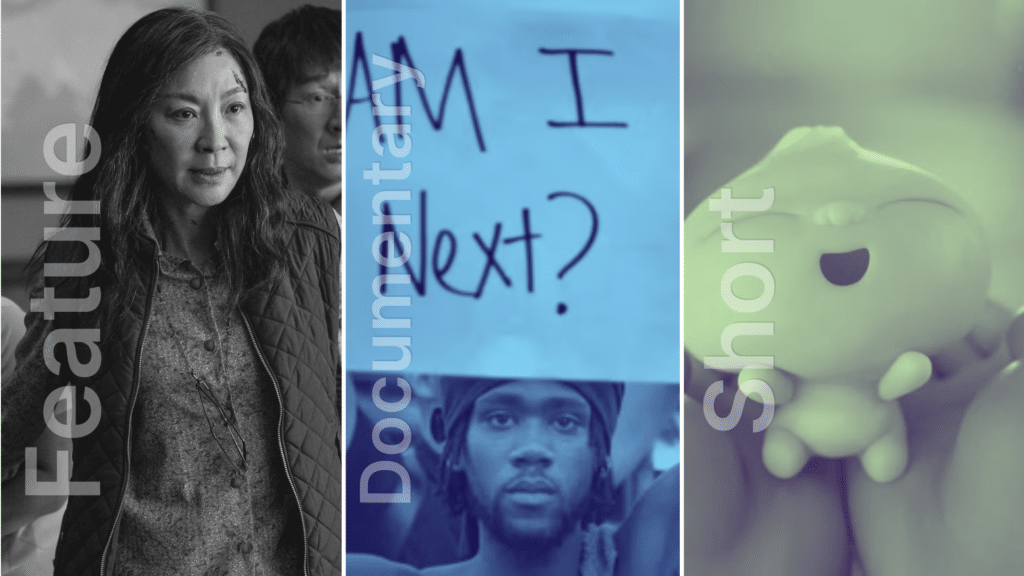 A graphic with three panels. The first is a photo from Everything Everywhere All At Once, an example of a feature film. The second is a photo from 13th, an example of a documentary film. The third is a still from Bao, an example of a short film.