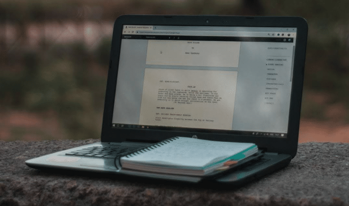 What is falling action?
A notebook sits on an open laptop - a screenplay is on the screen